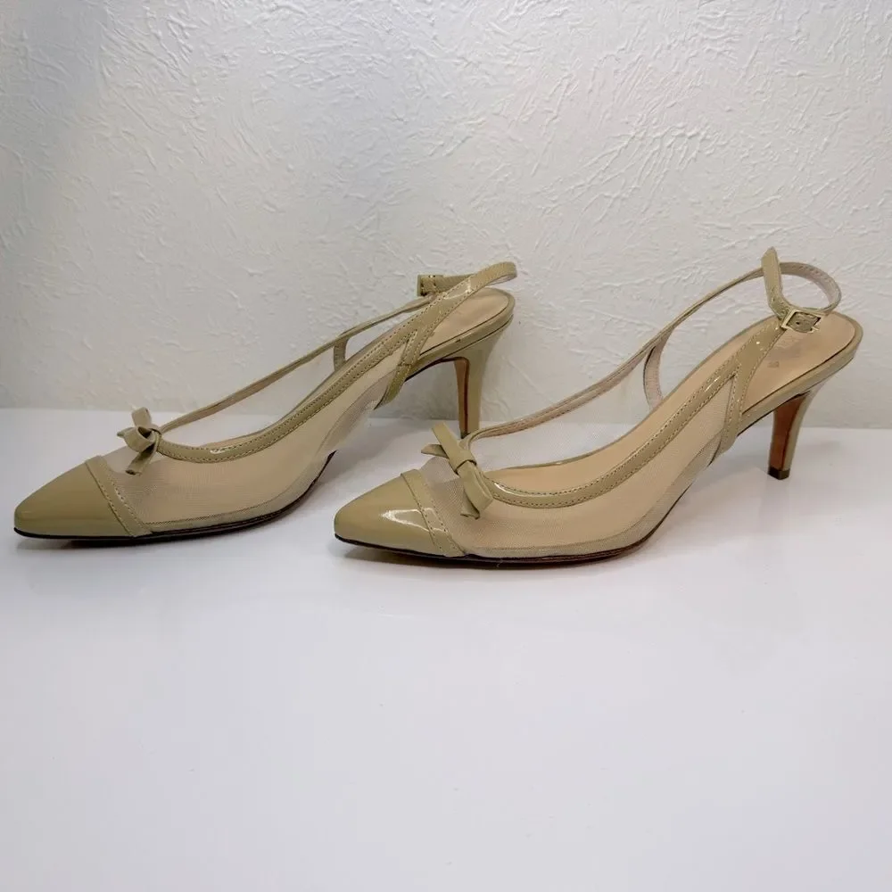 Kate Spade Midge Bow Beige Patent Leather Mesh Pumps Size 8